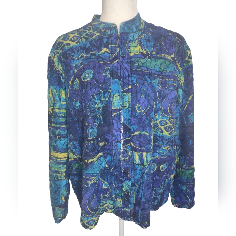 Chico's Jacket Women's Silk Lightweight Zip‎ Up Embroidered Blue/Green Chico's 3